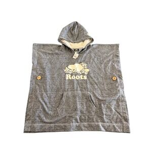 Roots Kids Girls Fleece Poncho Salt & Pepper Grey Hooded Logo L/XL NWT